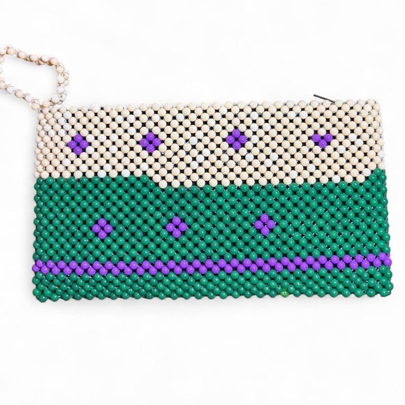 Unknown Handbags - Vintage Beaded Clutch Bag in Cream, Green & Purple